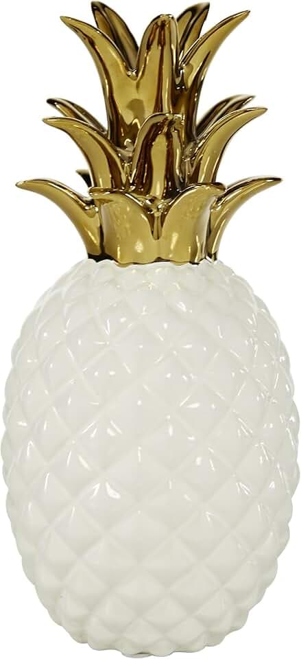CosmoLiving by Cosmopolitan Porcelain Ceramic Fruit Decorative Sculpture Pineapple Home Decor Statue with Gold Leaves, Accent Figurine 4" x 4" x 10", White