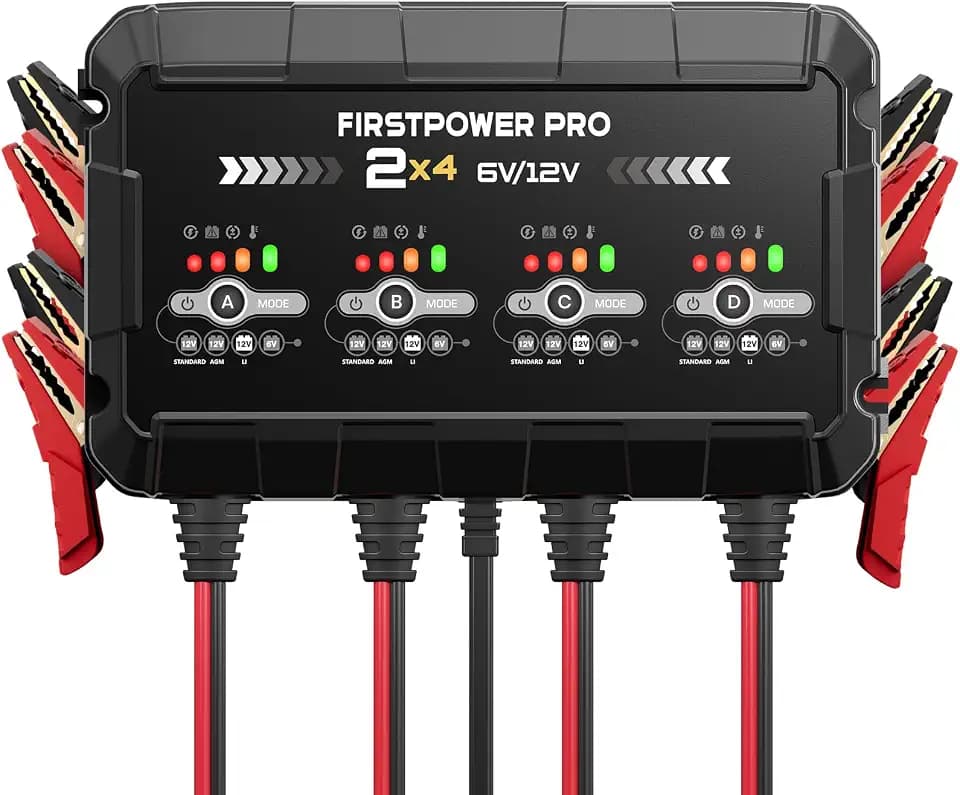 8A 4-Bank Car Battery Charger (2A/Bank) - 6V & 12V Automatic Trickle Charger, Motorcycle Battery Maintainer & Desulfator with Overcharge & Temperature Compensation – for Lead Acid, AGM, Gel, LiFePO4