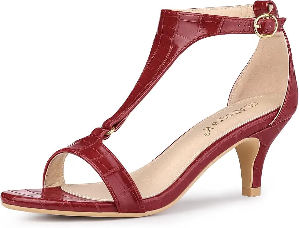 Allegra K Women's t Strap Embossed Kitten Heel Sandals