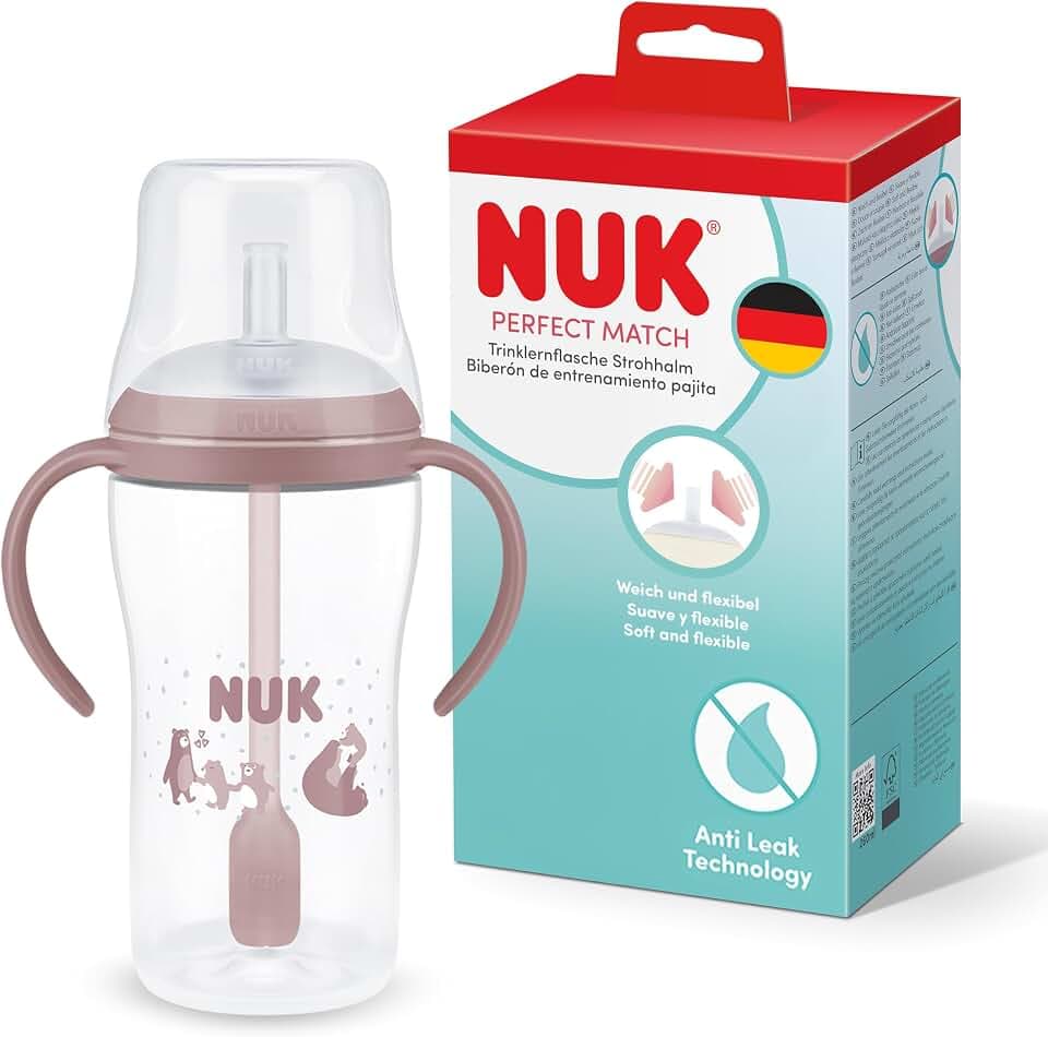 NUK Perfect Match Trinklernflasche mit Strohhalm | 8+ Monate | 260 ml | Auslaufsicherer Baby-Strohhalmbecher | Rutschfeste Griffe | Rosa | 1 Stück