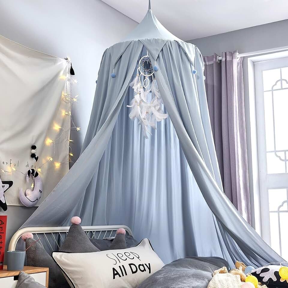 Surwin Baldachin Betthimmel Blau Madchen Jungen Babybett, Himmelbett Moskitonetz Bett mit Kugel für Kinderbett Kinderzimmer Einzelbett Schlafzimmer Kinder Geschenk Reise