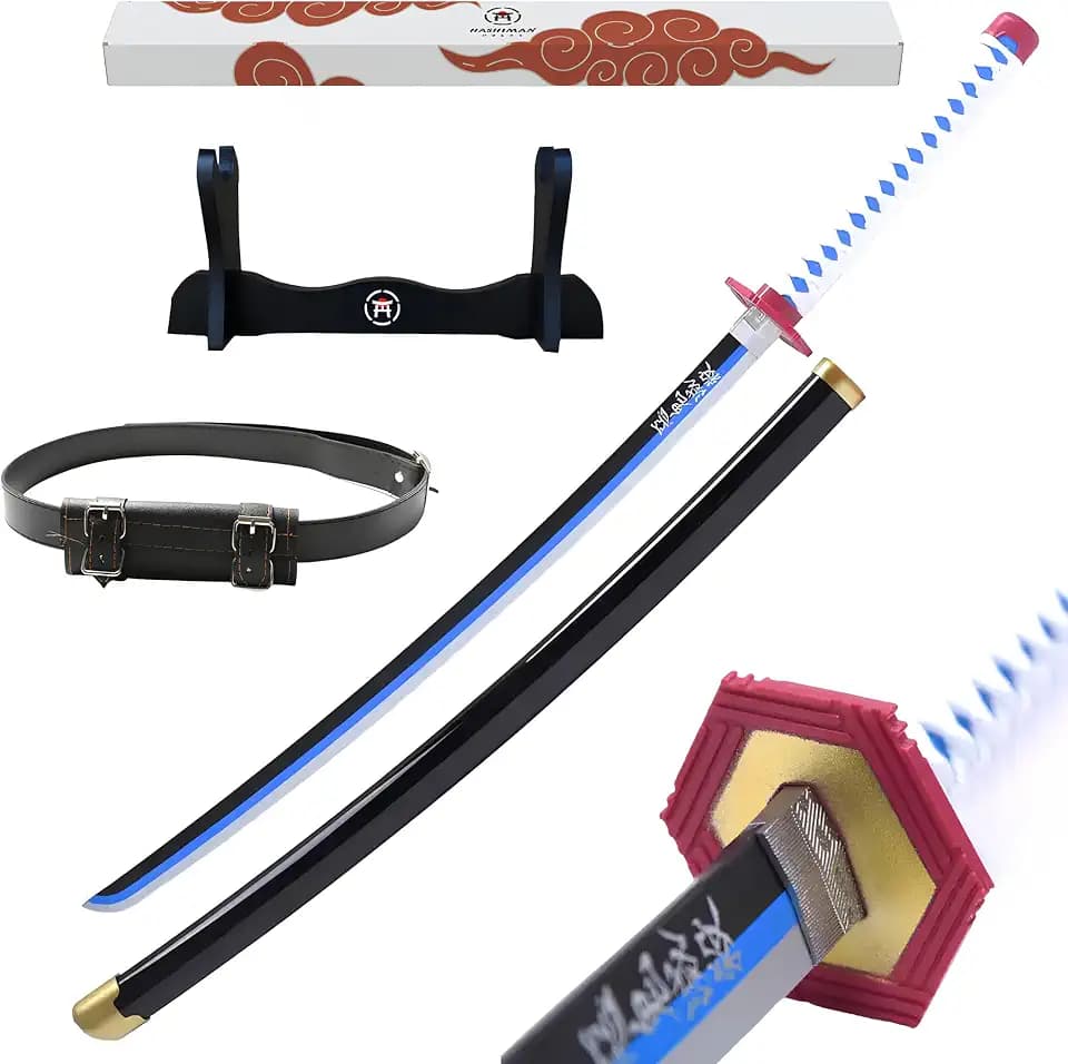 Katana Demon – Manga Schwert + Schwerthalter Holz + Gürtel – Samurai Catana Cosplay Anime - Holzschwert Kinder Erwachsene – Ninja Deko Kostüm Säbels