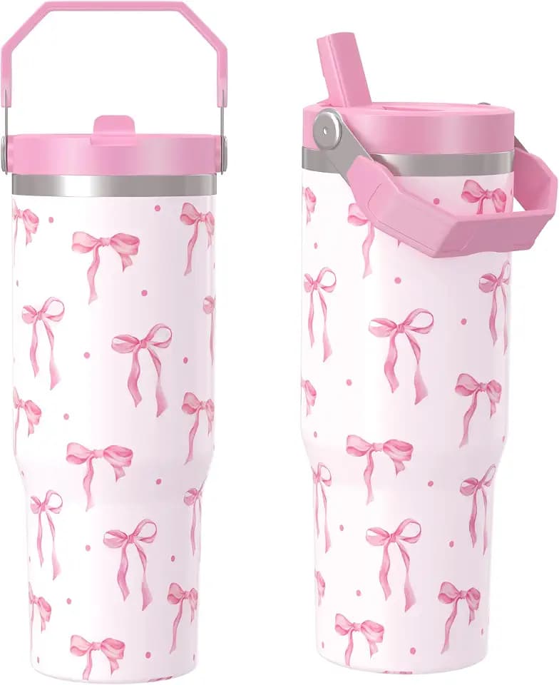 30 oz Bow Tumbler with Straw Handle, Gifts for Women Who Loves Bow, Stainless Steel Insulated Water Bottle Coffee Cups for Home Office Travel