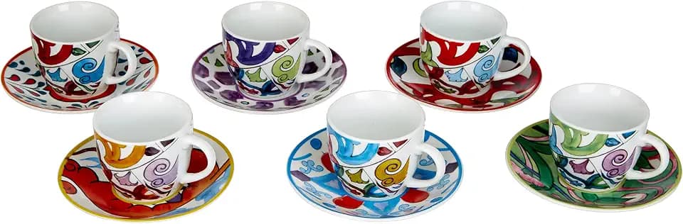 Excelsa Lisbona Set mit 6 Kaffeetassen mit Untertassen, Porzellan, mehrfarbig