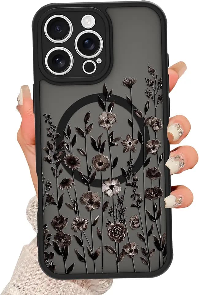 Magnetic for iPhone 15 Pro Max Case for Women, Black Floral