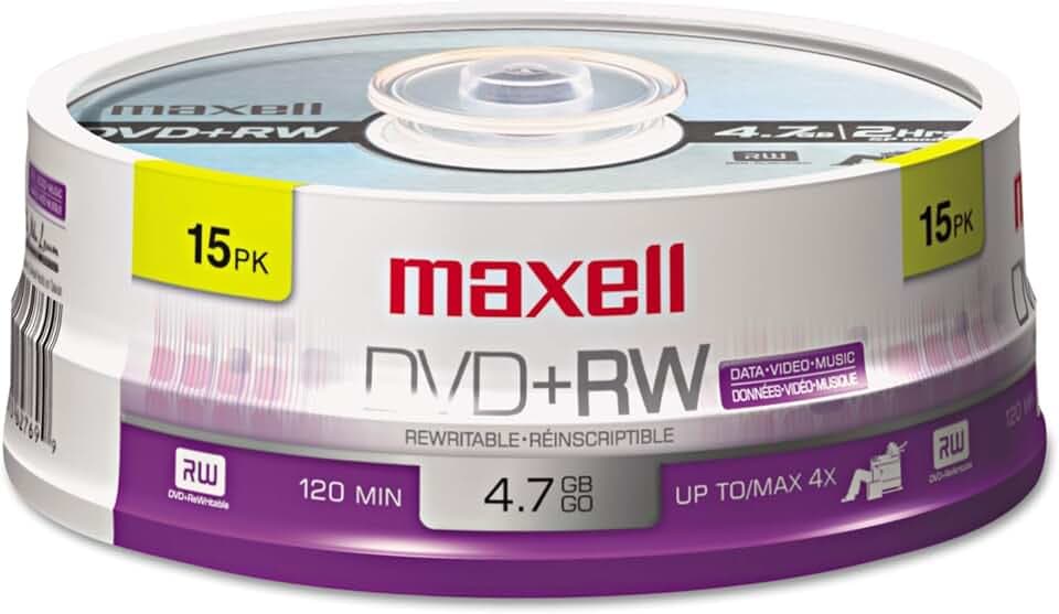 Maxell Dvd+rw Rewritable Disc, 4.7 Gb, 4x, Spindle, Silver, 15/pack