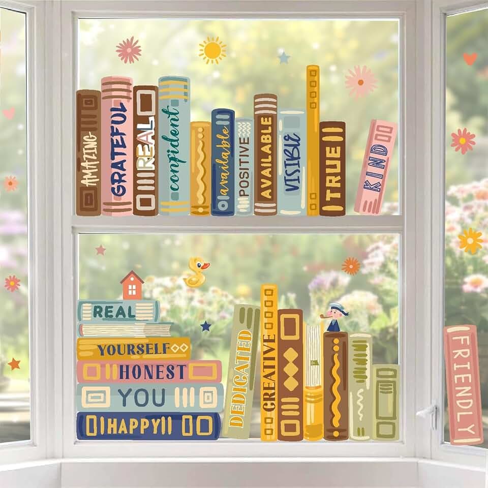 Boho Books Window Clings Double-Side Kids Inspirational Decal for Classroom