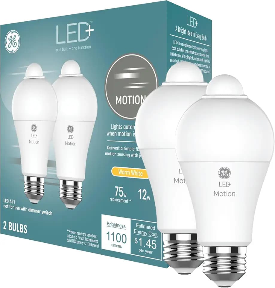 GE LED+ Motion Sensor LED Light Bulbs, Outdoor Security, A21, Warm White