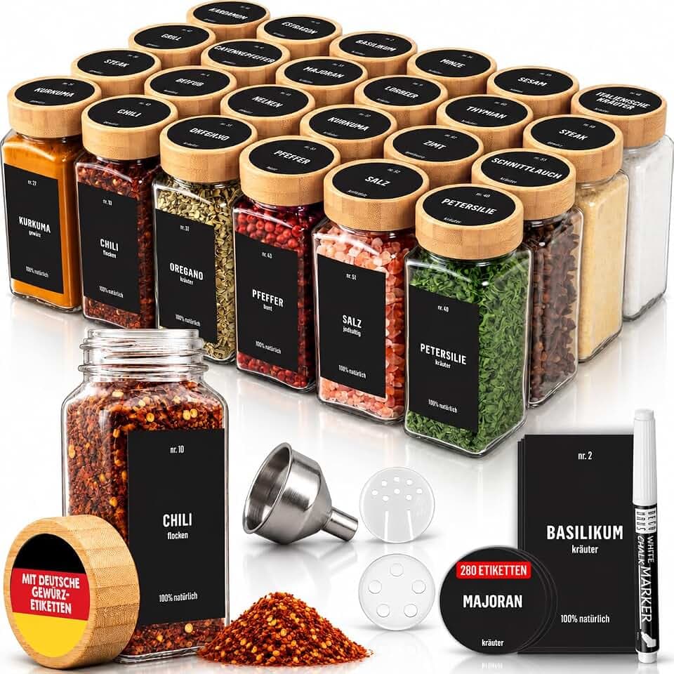 Deco haus Gewürzgläser Eckig Luftdicht - 24 Set Gewürzdosen + 280 Etiketten
