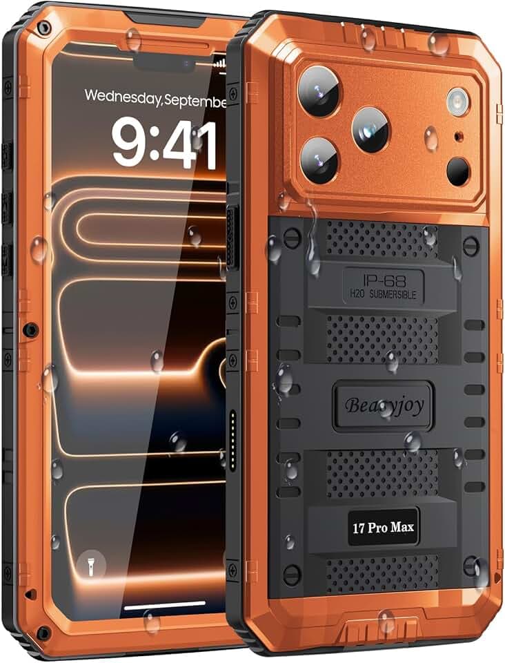 Beasyjoy for iPhone 17 Pro Max Case Waterproof, Heavy Duty Metal, Orange