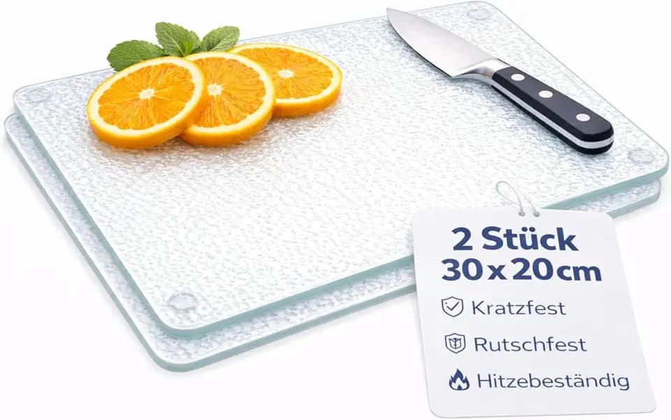 2-er Set Schneidebrett Glas 30x20, rutschfest mit Füße, Glasschneidebrett ohne Mikroplastik, hygienisches Küchen-Brett, Kratzfeste & hitzebeständige Oberfläche