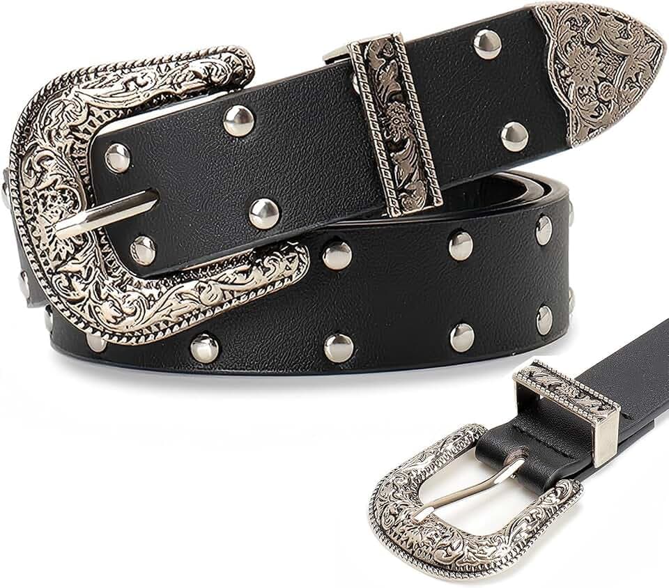 Damen Schwarz Vintage Stil Metall Schnalle Gürtel PU Leder Western Taillengürtel Verstellbarer Damen Mode Gürtel für Freizeitkleidung Kleider Jeans Boho Outfits Punk Goth Cosplay Stilvolle Cowgirl