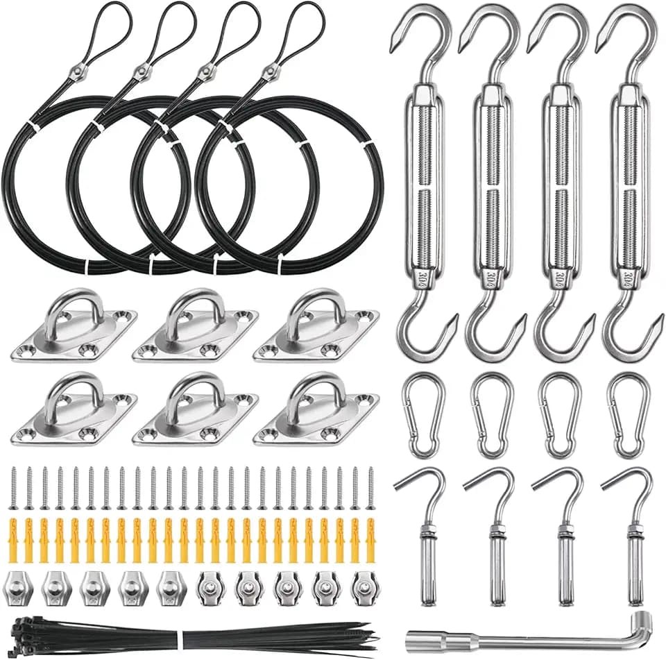 NEREUS Sun Shade Sail Hardware Kit with 12FT Black Vinyl Coated Wire Rope