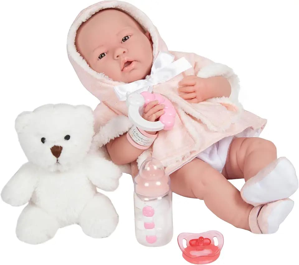 JC Toys All-Vinyl La Newborn Doll in Pink Coat and Outfit w/Animal Friend & Accessories. Real Girl!, White - Pink (18065)