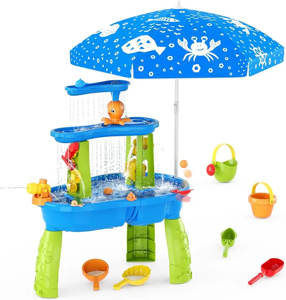 HYES Water Table for Toddlers, 3-Tier Water Toys with Umbrella