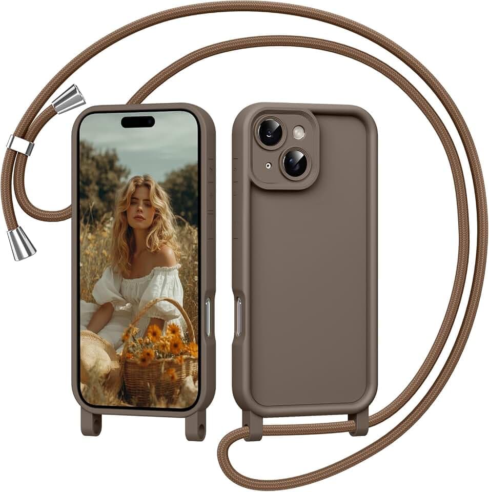 Coiwxmoi Handyhülle für iPhone 15 6,1" Hülle mit Band, Silikon Handyband Hülle mit Abnehmbar Einstellbar Kordel Kette zum Umhängen Stoßfeste Kameraschutz Schutzhülle für iPhone 15, Braun