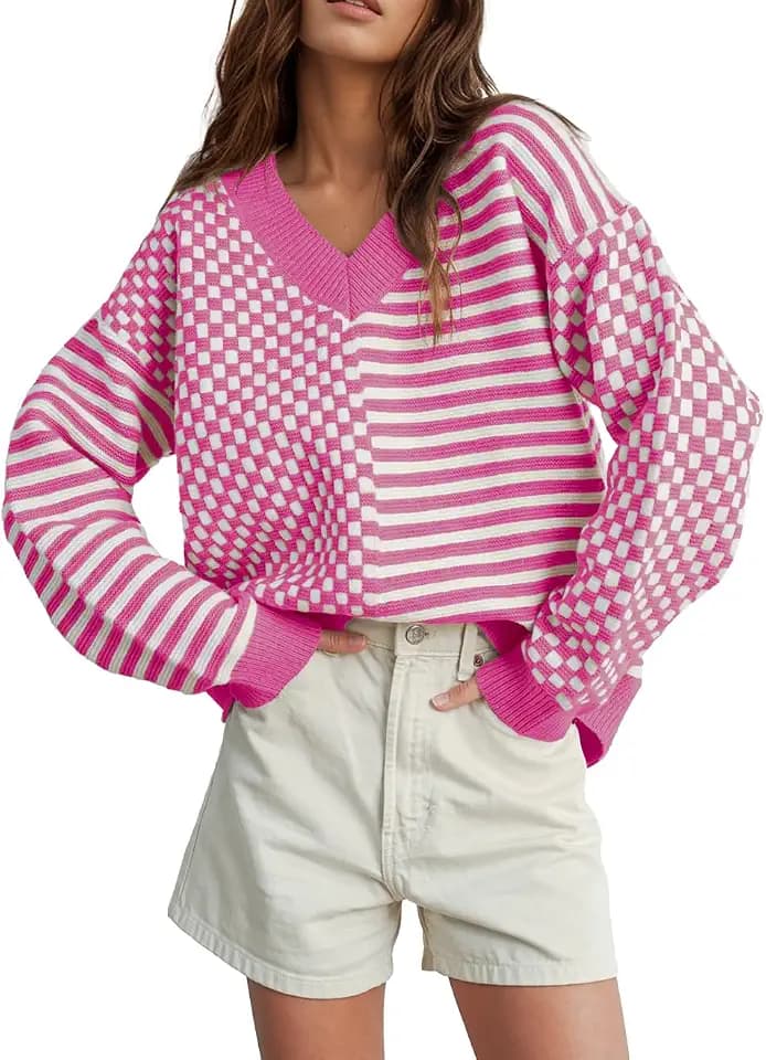 UNCLECAT Womens Striped Checkered Sweater V Neck Fall Trendy Pullover Tops