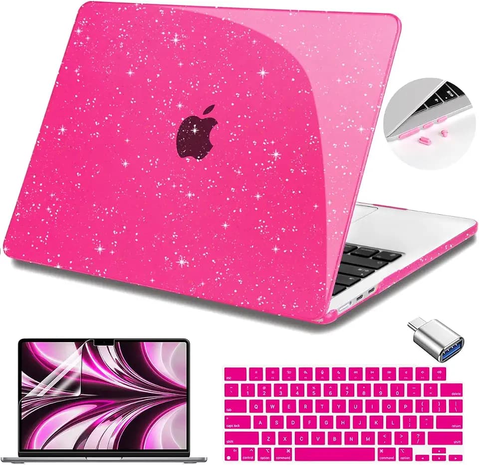 Teryeefi Glitter Case for MacBook Air 13 Inch M5 M4 M3 M2 Chip Release 2022-2024 2025 2026 fits Model A2681/A3113/A3240/A3449, Hard Shell Case & Keyboard Cover for MacBook Air 13.6, Sparkly Rose Pink