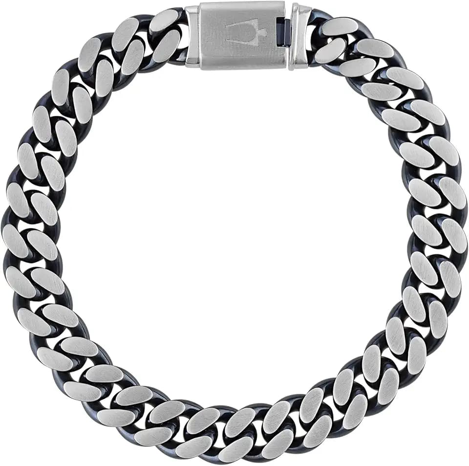 Bulova Men's Jewelry Classic Curb Chain Dual Surface Blue IP and Brushed Stainless Steel 10MM Bracelet