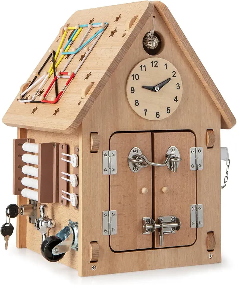 FANTASK Kinder Spielhaus, Unterhaltungshaus mit Sinnesspielen & Stauraum im Inneren, Montessori-Spielzeug Motorikspielzeug für Jungen und Mädchen ab 3 Jahren, Natur