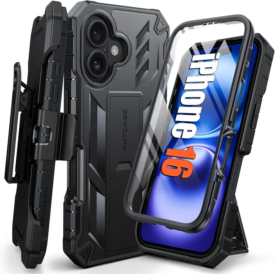 FNTCASE for iPhone 16 Case, with Belt Clip, with Built-in Screen Protector