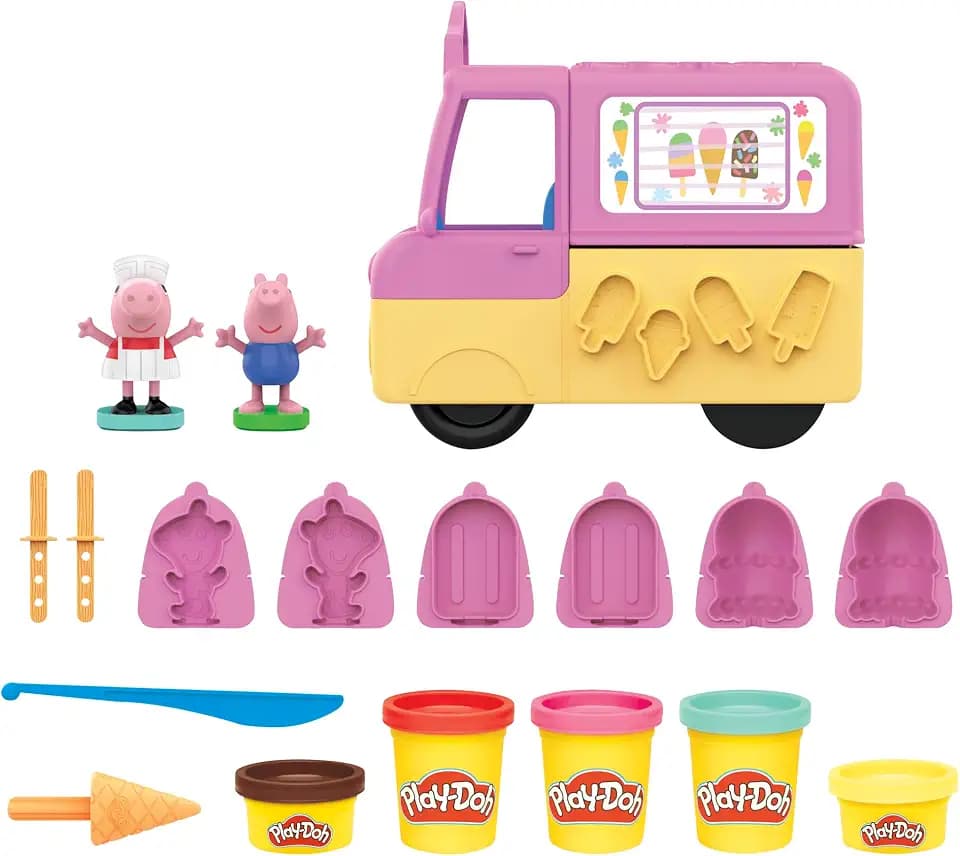 Play-Doh Peppas Eiswagen Bastel-Set, 3 x56g Dosen und 2 x 28 g Dosen Modelliermasse, Peppa und Schorsch Figuren und viele Accessoires und Formen, kreatives für Kinder ab 3 Jahren
