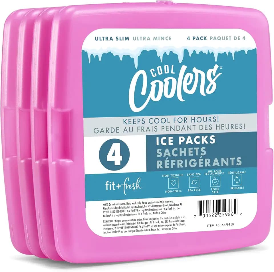 Cool Coolers by Fit & Fresh Slim Ice Packs, Quick Freeze Reusable Ice Packs for Lunch Boxes & Coolers, Long-Lasting, Space Saving Lunch Ice Packs, Blue, 4Pk