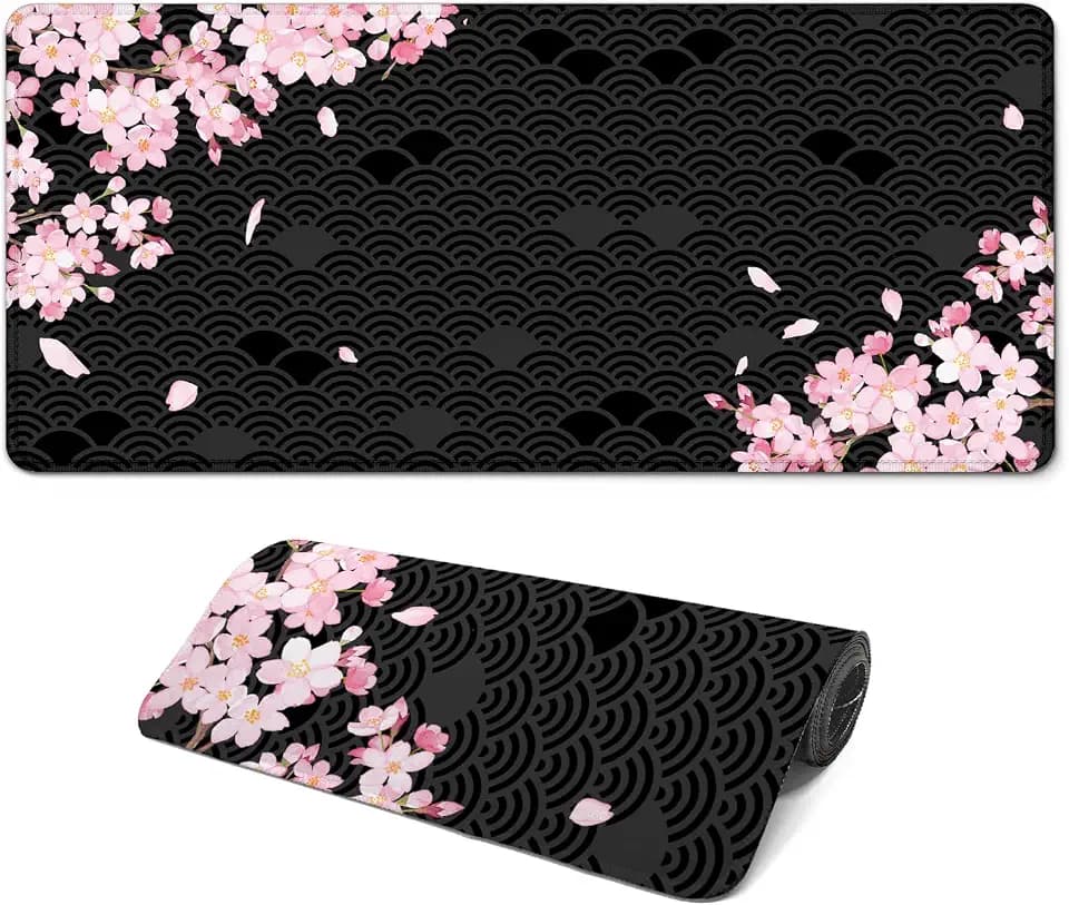 Gaming Mouse Pad with Anti-Slip Rubber Base, Extended Large Computer Mouse Mat with Stitched Edges, Long XL Anime Mousepad for Laptop and Keyboard, 31.5 x 11.8 inch (Black Cherry Blssom)