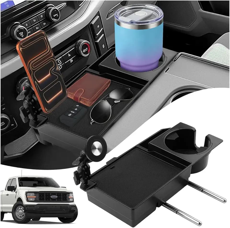Karltys Front Center Seat Headrest Organizer for Ford F-150 F-250 F-350 F-450 F-550 F-650 2011-2026, Only for Jump Seat Console, Storage Tray with Magnetic Phone Holder and Cup Holder