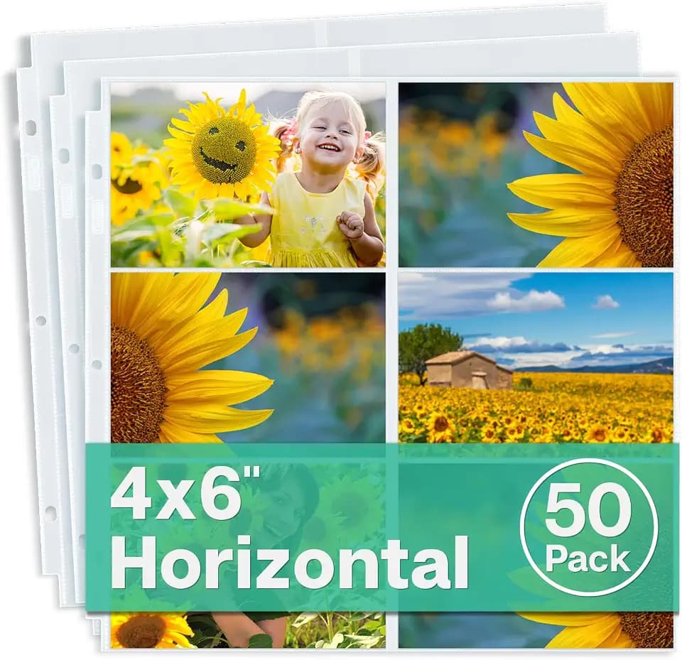 Dunwell 12x12 Scrapbook Page Protectors, 4x6 Photo Sleeves & Photo Album Refill Pages, 50-Pack Horizontal Layout, Holds 600 Pictures, Fits 12x12 3-Ring & D-Ring Albums, Compatible with Pioneer & WRMK