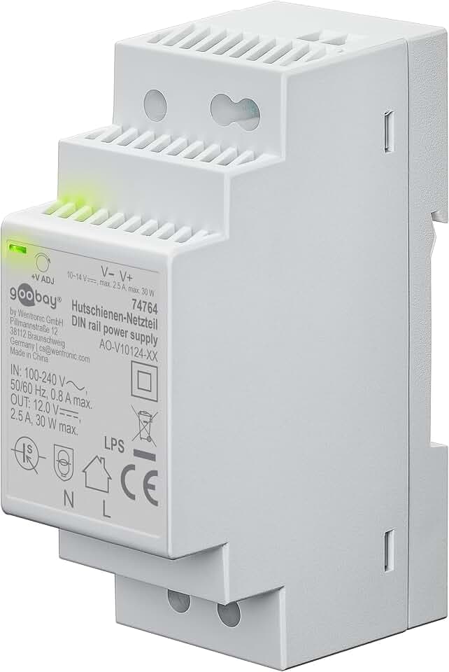 goobay Hutschienen Netzteil - Kompaktes 12V Netzteil für Klingeltrafo, Überwachungs- und Zugangssysteme, Türöffner - Einfache Montage auf DIN-Schiene, 12V, Überspannungsschutz, 74764