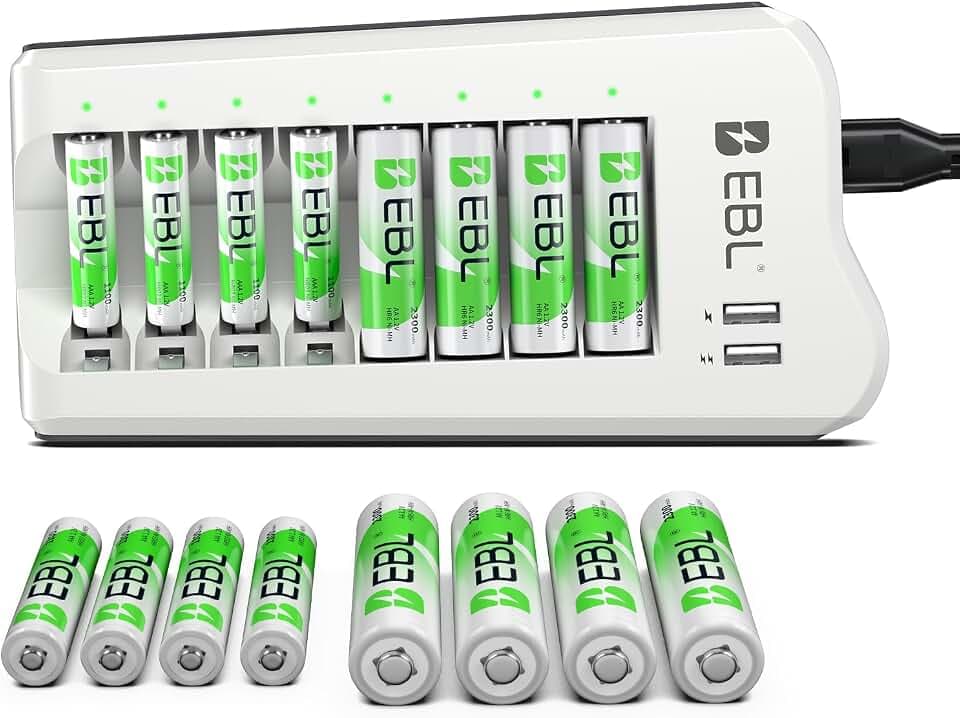 EBL AA AAA Battery Charger, 8 AA 2300mAh & 8 AAA 1100mAh NiMH, 2 USB Ports