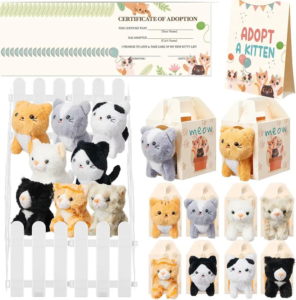 Skylety 24 Sets Pcs Adopt a Cat Favors Small Stuffed Plush Cats Bulk with Foldable Puppy Boxes Adoption Cards White Fences and Paper Sign for Adopt a Pet Theme Birthday Party Supplies Gifts