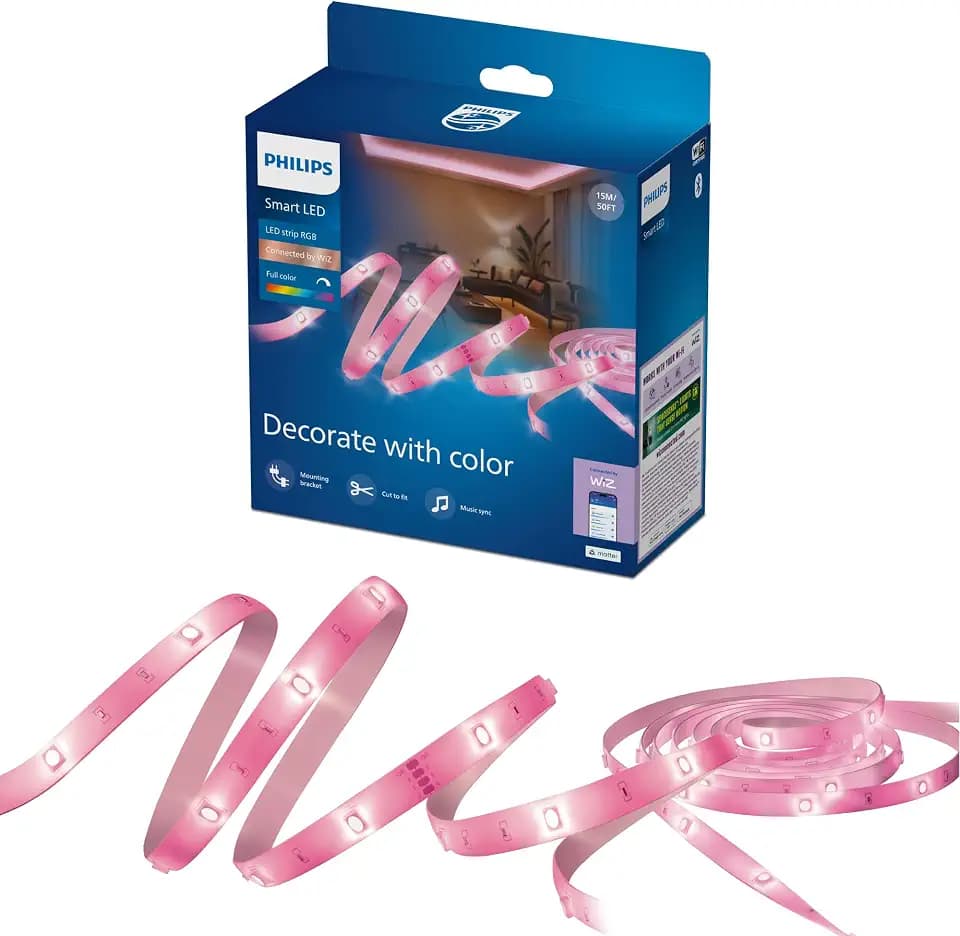 Philips Smart Lighting RGB-LED-Strip, 15 m, Typ C, 16 Mio. Farben, Voreingest. Lichtmodi, Zuschneidbar, Einf. Einrichtung, Kompatibel m. WLAN, Connected by WiZ, Google Home, Alexa, Apple Home