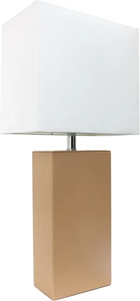Elegant Designs LT1025-BGE Modern Leather Table Lamp with White Fabric Shade, Beige