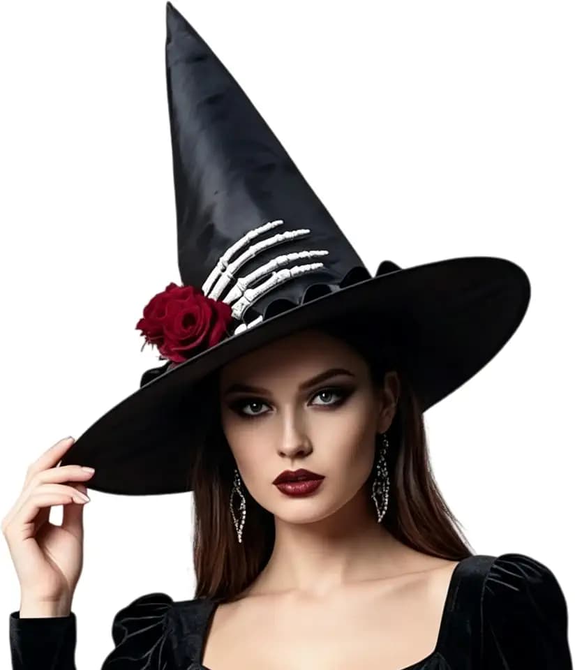 Hexenhut Damen, Schwarzer Halloween Hexenhut, Spitzer Kostümhut mit breiter Krempe, Kostümzubehör für Erwachsene, hexen accessoires für Halloween, Karneval, Cosplay