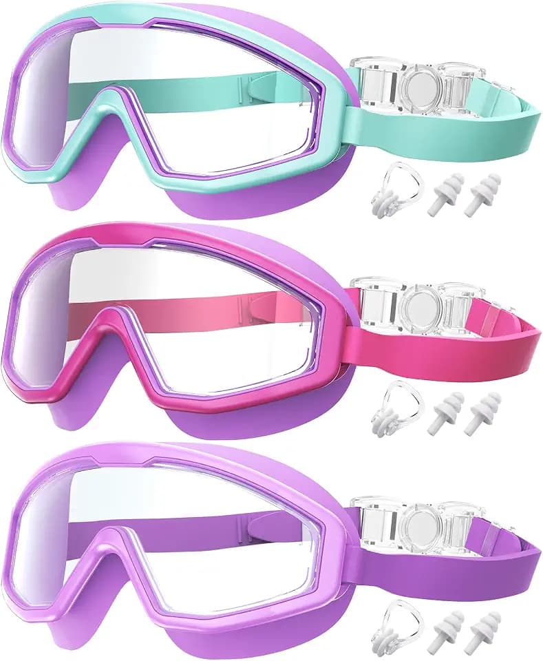 Kids Goggles Age 4-16, Anti-Fog UV 180°Clear View Kids Swim Goggles, 3 Pack Swimming Goggles Waterproof Pool Goggles