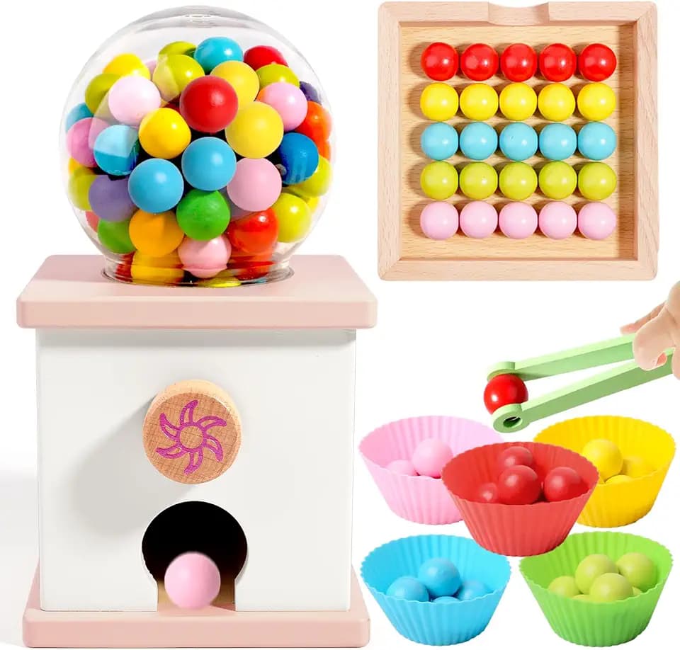 9.6" Wooden Gumball Machine For Kids Learning Color Sorting & Counting Toy