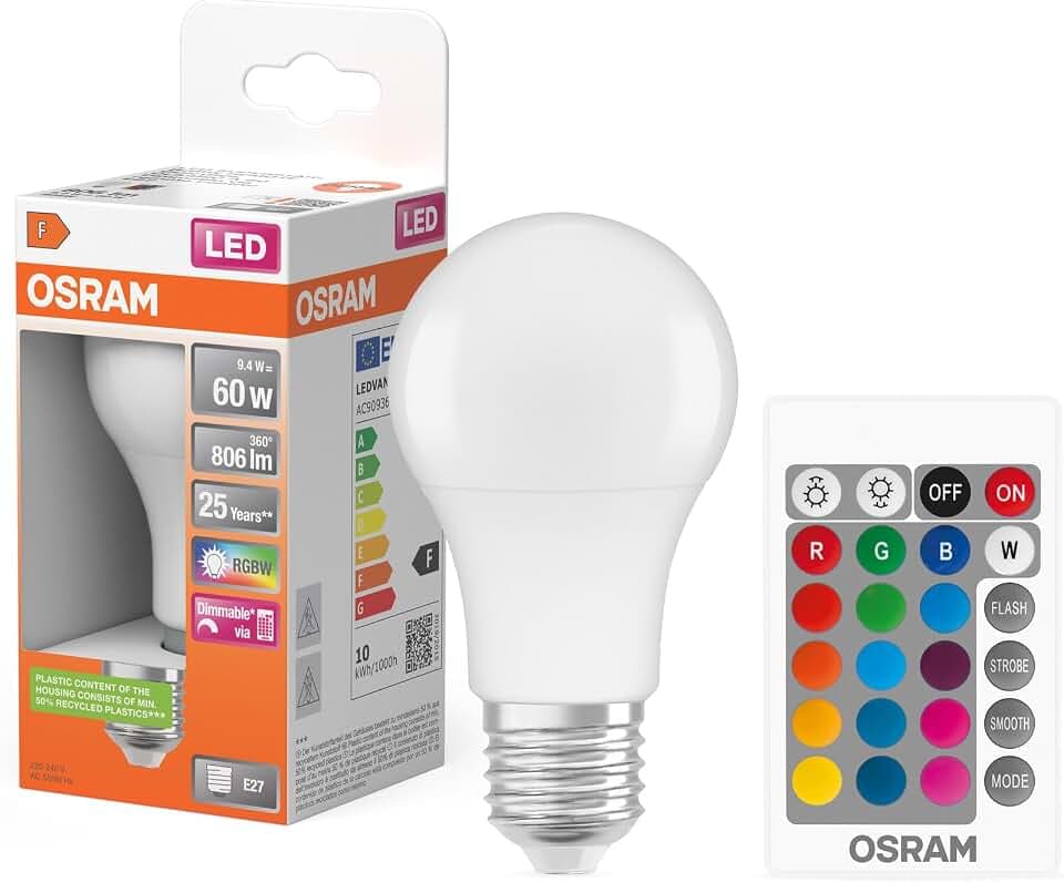 Osram STAR+ RGBW LED Lampe mit E27 Sockel, RGB-Farben per Fernbedienung änderbar, 9.7W, klassische Birnenform, Ersatz für 60W-Glühbirne, matt, LED Retrofit RGBW lamps with remote control, Einzelpack