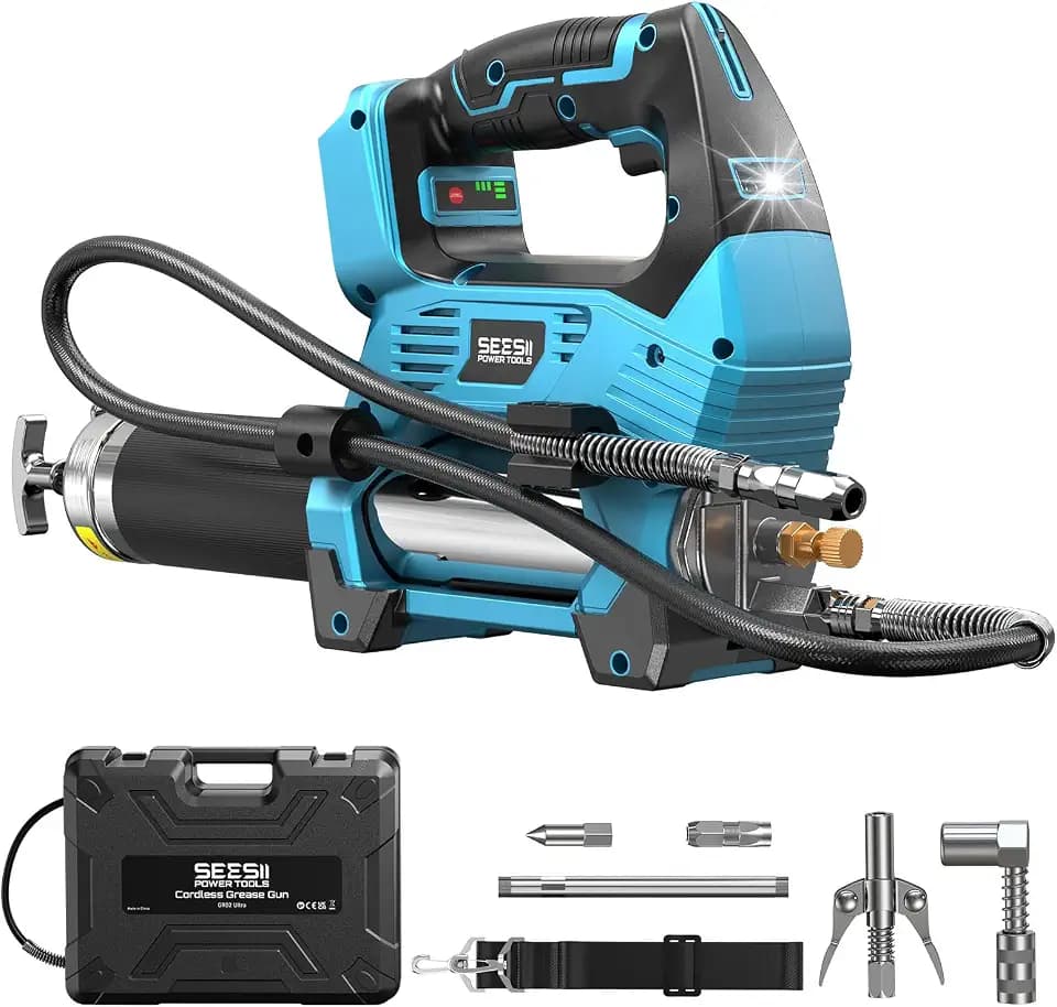 Seesii 12000PSI Akku Fettpresse Set kompatibel mit Makita 18V Akku (ohne Akku), 3 Geschwindigkeiten, Bürstenlosem Motor, 3 Mundstück, 1m langem Schlauch, 90-Grad-Adapter und LED-Leuchte