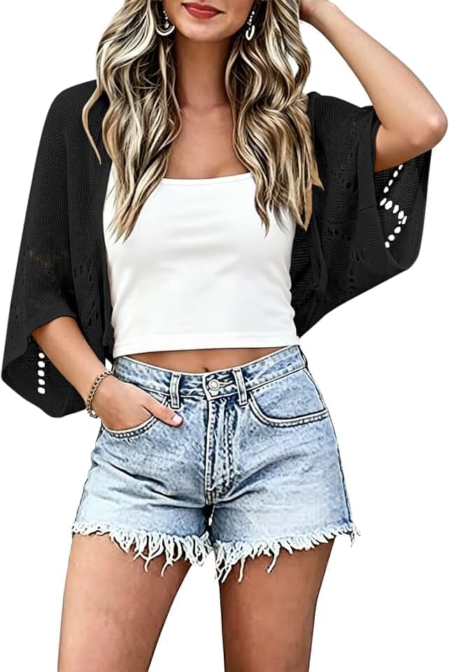 Women's Lightweight Crochet Cardigan Summer Batwing Short Sleeve Shrug