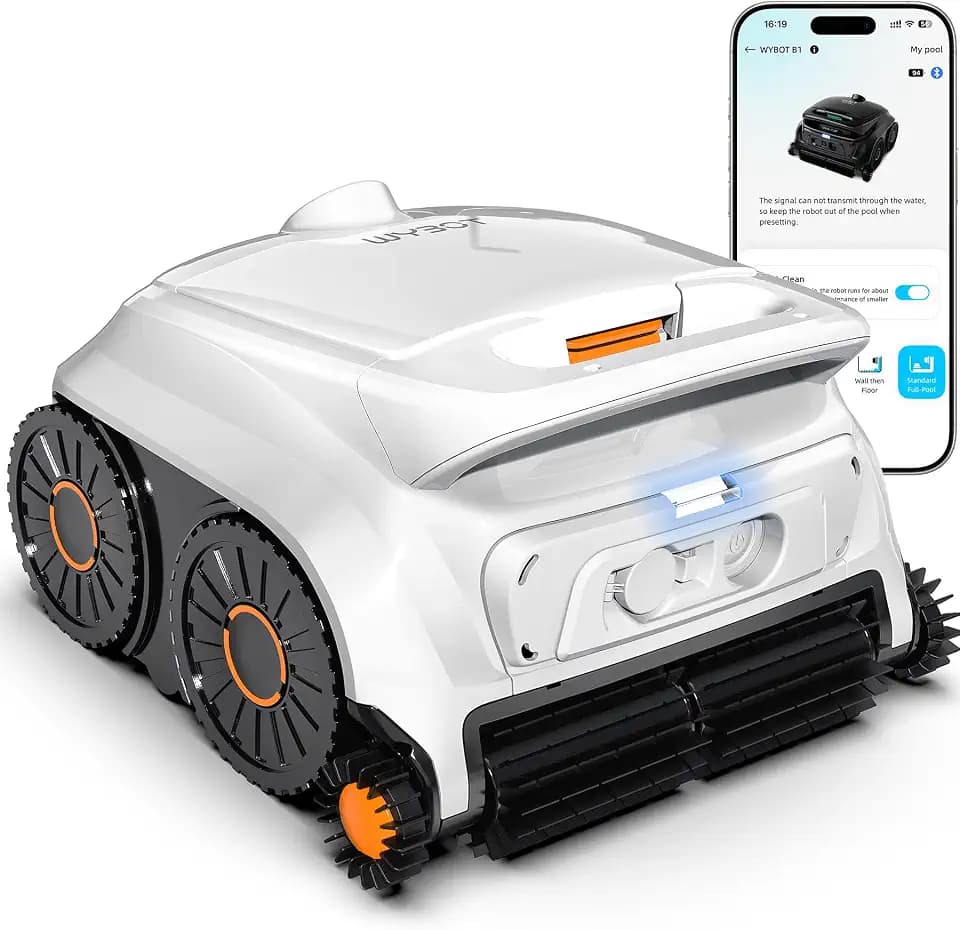 WYBOT Cordless Robotic Pool Vacuum, Six-Roller Brush, Edge to Edge Cleaning High Obstacle Crossing, Lightweight Pool Cleaner for Inground & Above Ground Pools (White & Orange)