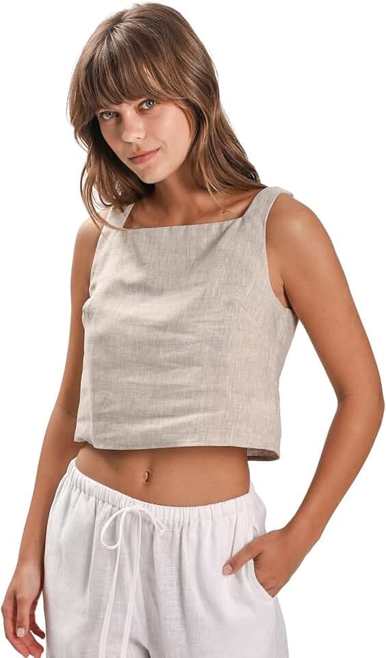 Amazhiyu Damen-Oberteil, Sommer, 100 % Leinen, lässig, ärmellos, quadratischer Ausschnitt, reine Leinen-Bluse für UK S-XL