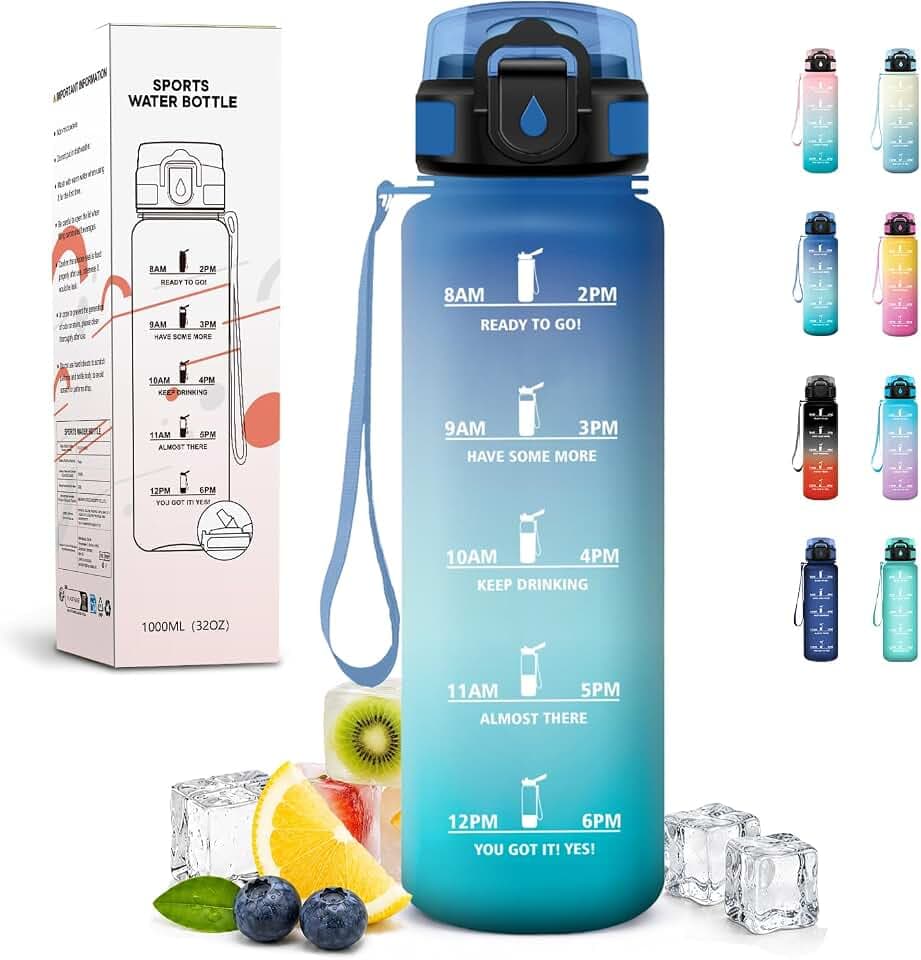 Trinkflasche Sport 1L, Auslaufsicher, Sportflasche mit Strohhalm, Wasserflasche mit Zeitmarkierung, Kohlensäure Geeignet, für Fitness, Gym