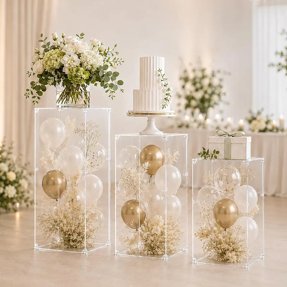 PROY 3 Pcs Clear Acrylic Pedestal Stands, Square Display Risers for Weddings, Parties & Home Decor, Crystal Lucite Columns for Flowers, Cakes & Art, 31.5/27.6/23.6 Inch Tall