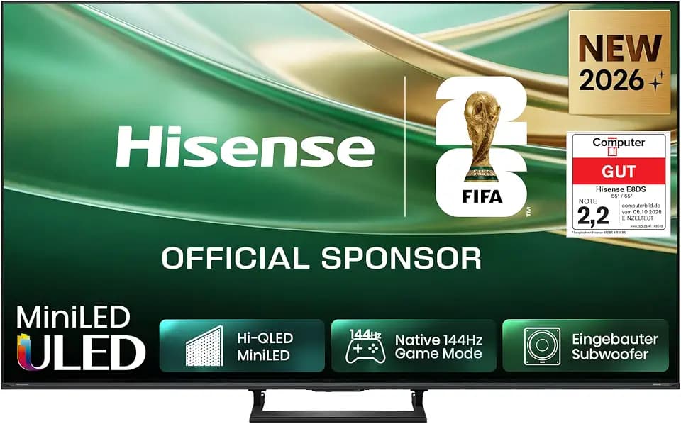 Hisense 55E8DS Fernseher 55 Zoll, 4K UHD, Hi-QLED Mini LED, Smart TV, 144Hz, Hi-View AI Engine, Dolby Vision.Atmos, Unibody Slim, FreeSync Premium, AI-Lichtsensor, Game Bar, Tuned by Devialet