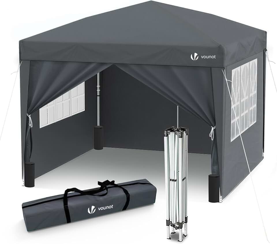 VOUNOT® Pavillon 3x3m mit 4 Seitenteilen & 4 Sandsäcke, Pop Up Faltpavillon, Faltbar Gartenzelt Partyzelt, inkl. Tasche, Grau