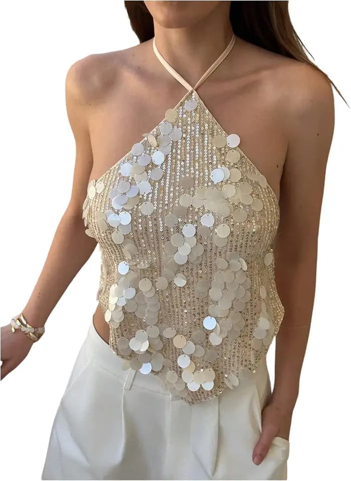 MakeMeChic Women's Sequin Backless Halter Camisole Tops