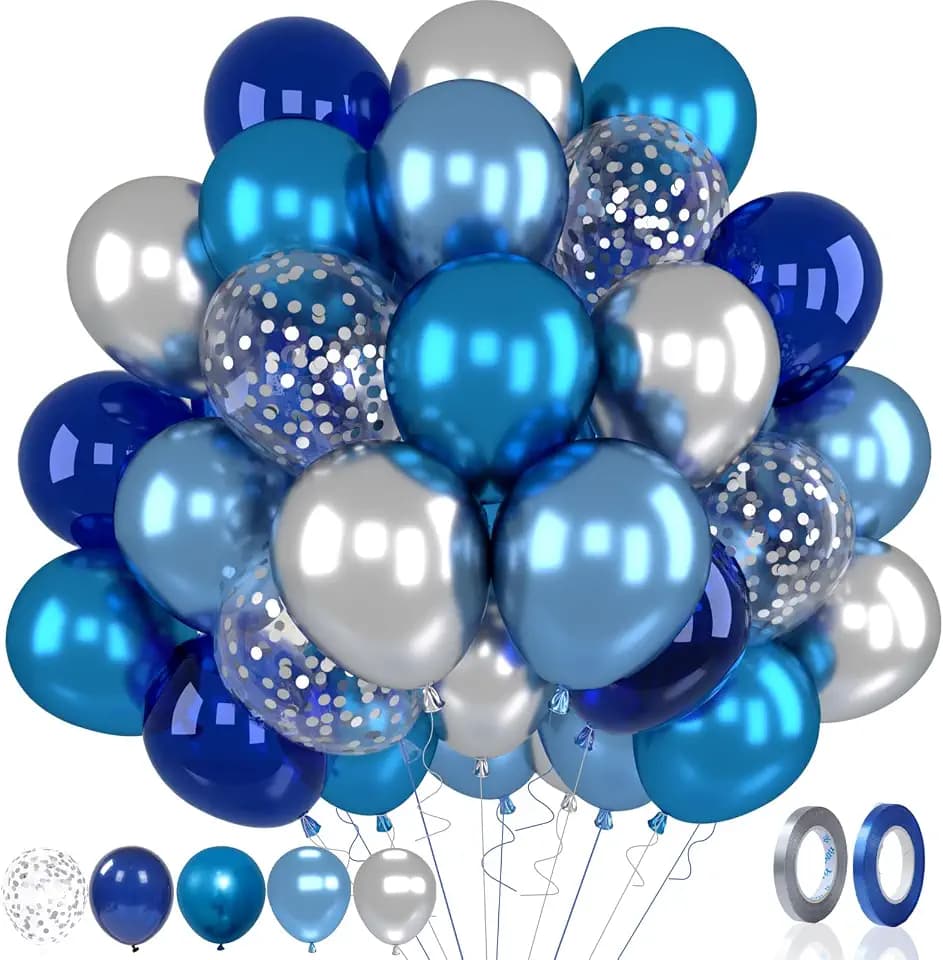Patimate Blue Silver Confetti Latex Balloons Set 50 pcs 12 inch