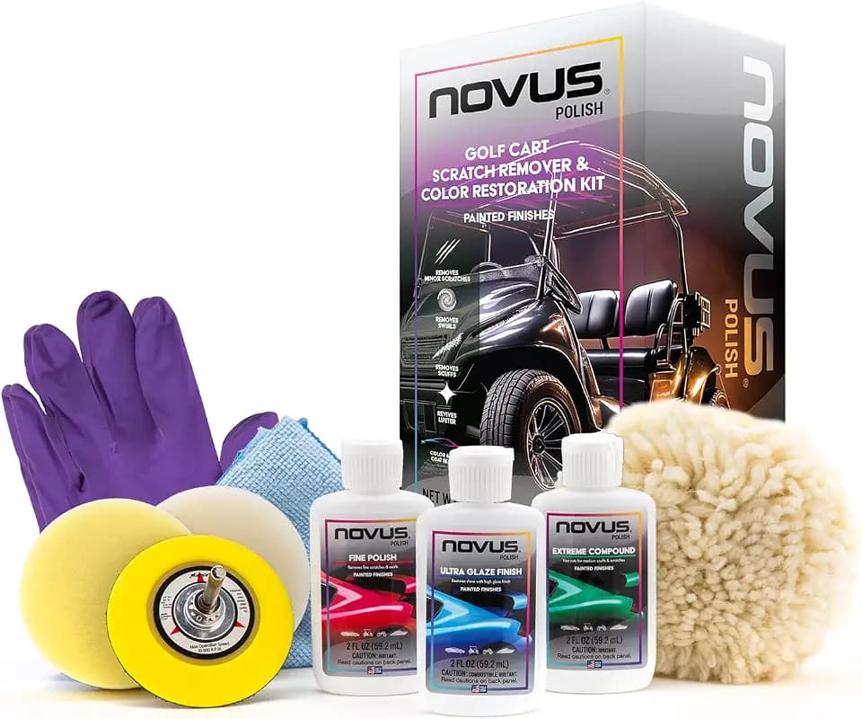 Novus Plastic Polish | Golf Cart Maintenance Kit | Includes Plastic Polish #3#2#1-2 Ounces Each, 2 Buffing Pads, Backing Drill Attachment, 3" Wool Pad, 3 Disposable Wipes